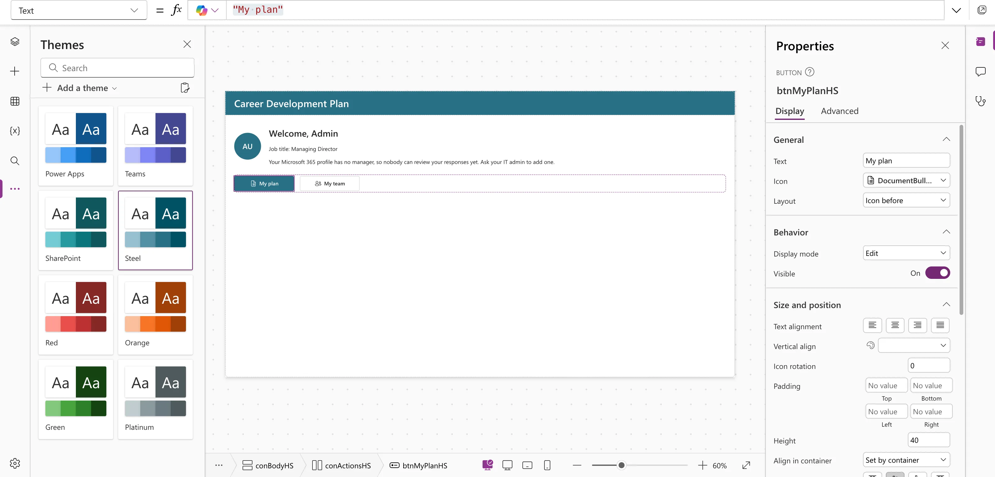 The Home screen in the Steel theme: a teal header with the white title Career Development Plan, a teal avatar and a teal My plan button, with Steel outlined in the Themes pane