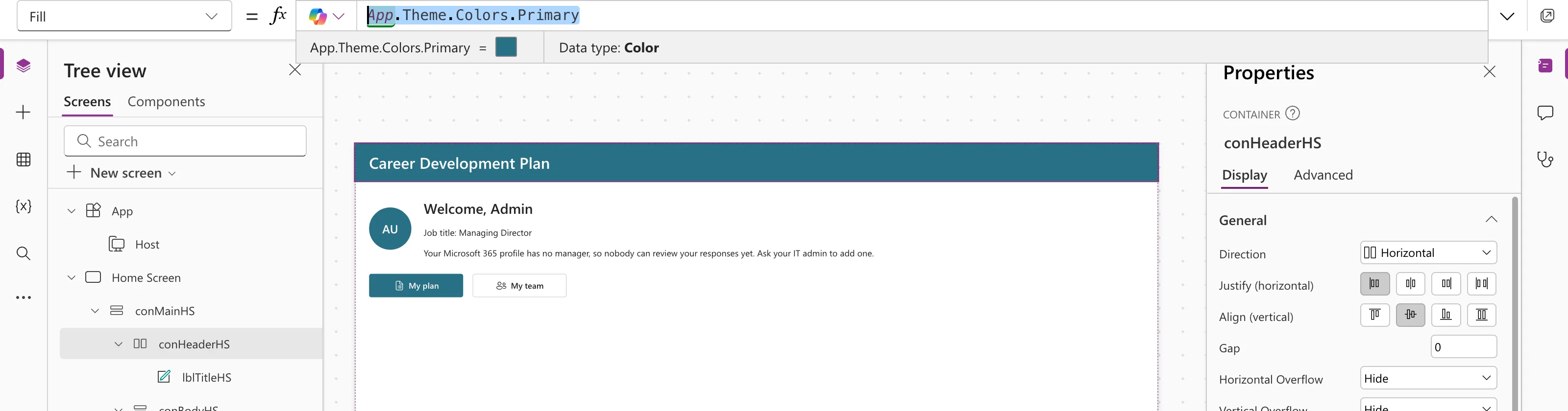 The formula bar with the Fill property of conHeaderHS set to App.Theme.Colors.Primary, the preview strip showing a teal color swatch and Data type Color, and the Home screen with a teal header