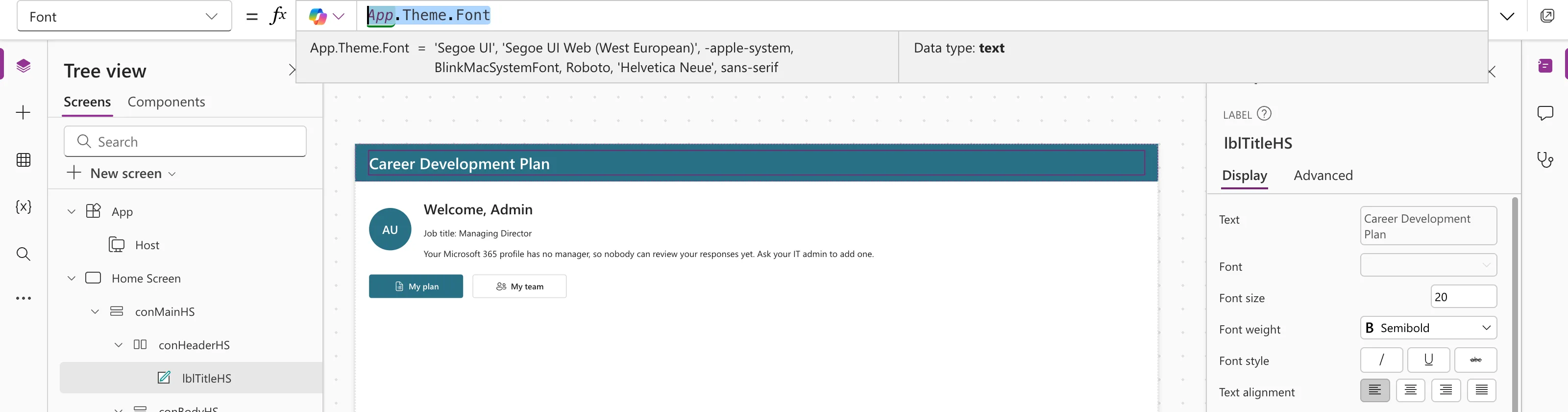 The formula bar with the Font property of lblTitleHS set to App.Theme.Font, the preview strip reading 'Segoe UI', 'Segoe UI Web (West European)', -apple-system, BlinkMacSystemFont, Roboto, 'Helvetica Neue', sans-serif with Data type text