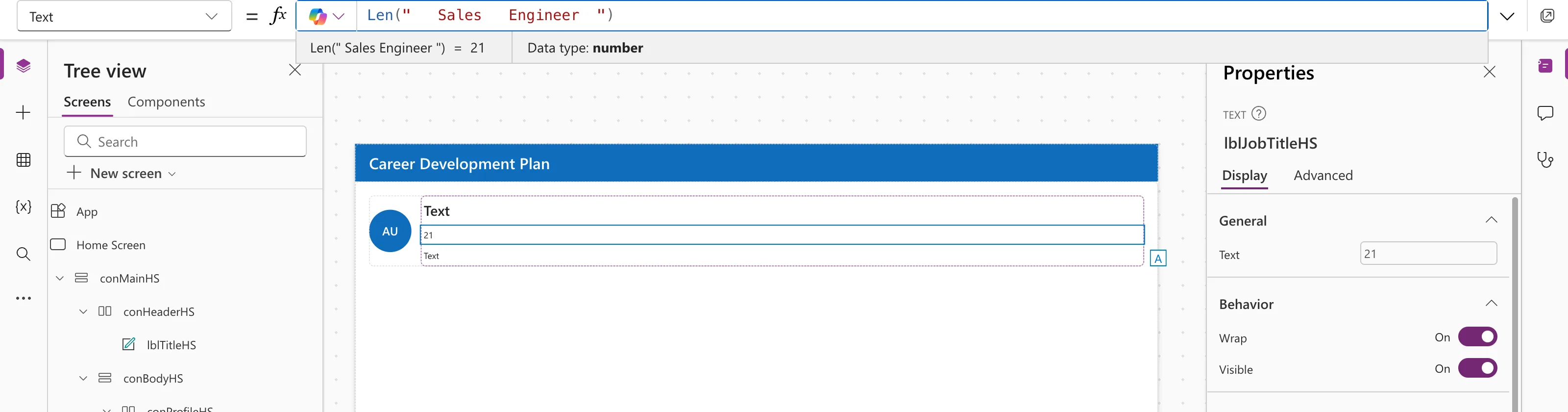 The formula bar with Len of a text with leading, inner and trailing spaces, the preview strip reading 21 with Data type number