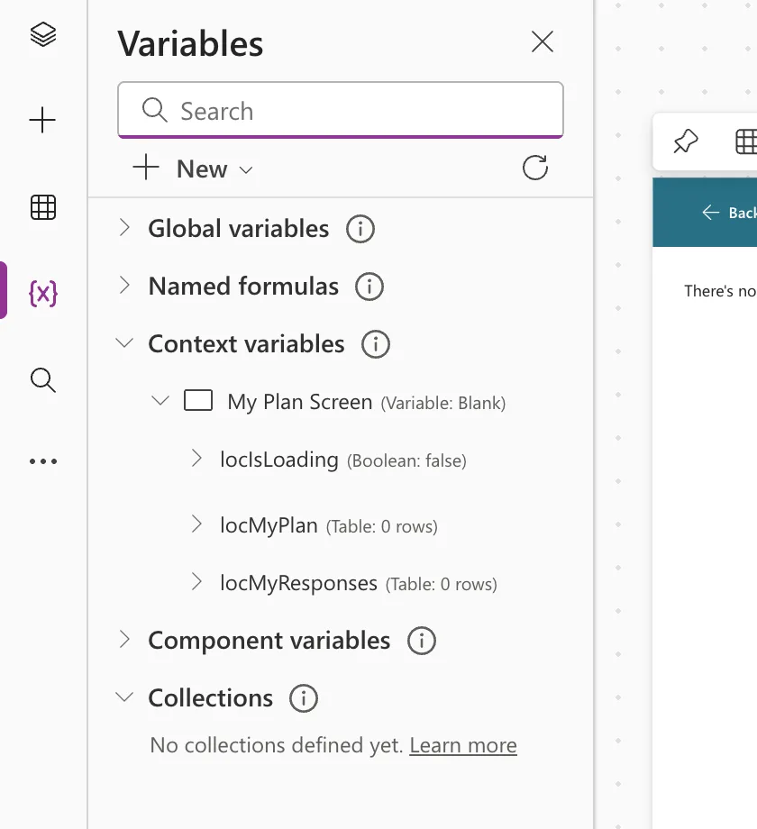 The Variables pane with Context variables expanded to My Plan Screen, listing locIsLoading (Boolean: false), locMyPlan (Table: 0 rows) and locMyResponses (Table: 0 rows), and Collections reading No collections defined yet