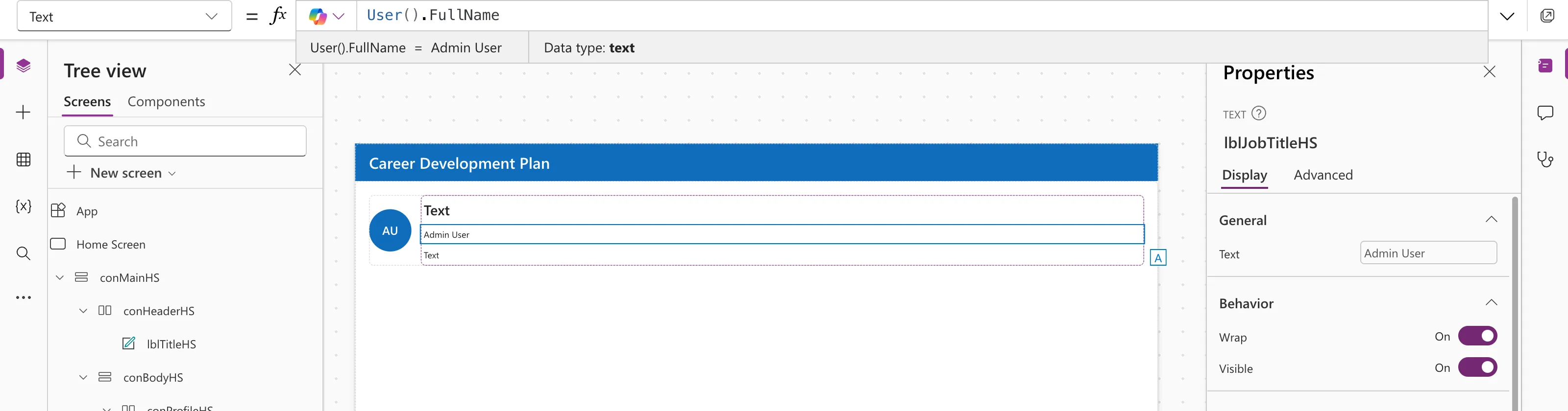 The formula bar with User().FullName, the preview strip reading User().FullName = Admin User with Data type text, and the Text control showing Admin User