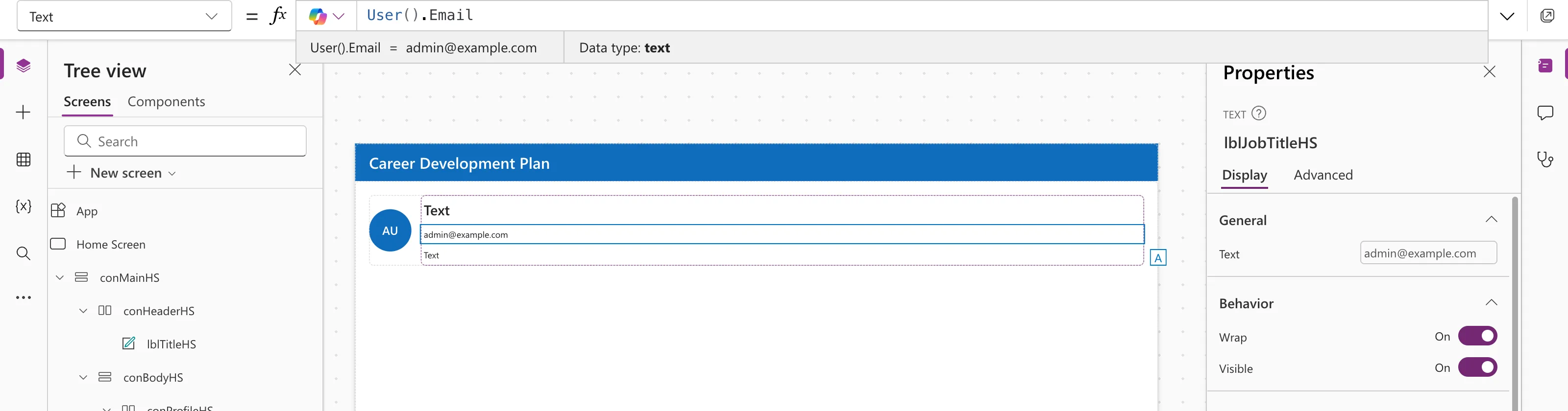 The formula bar with User().Email, the preview strip reading User().Email = admin@example.com with Data type text