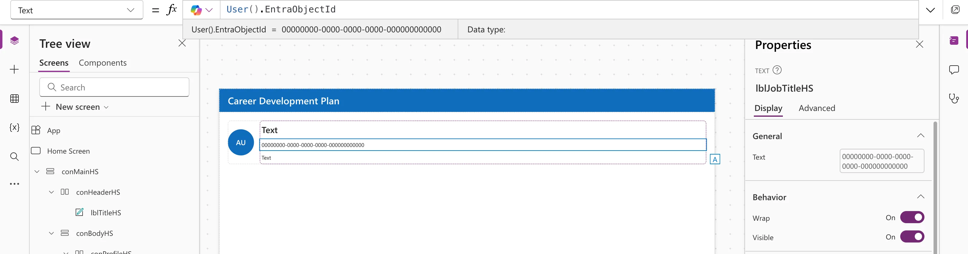 The formula bar with User().EntraObjectId, the preview strip showing a GUID, and the same GUID in the Text control