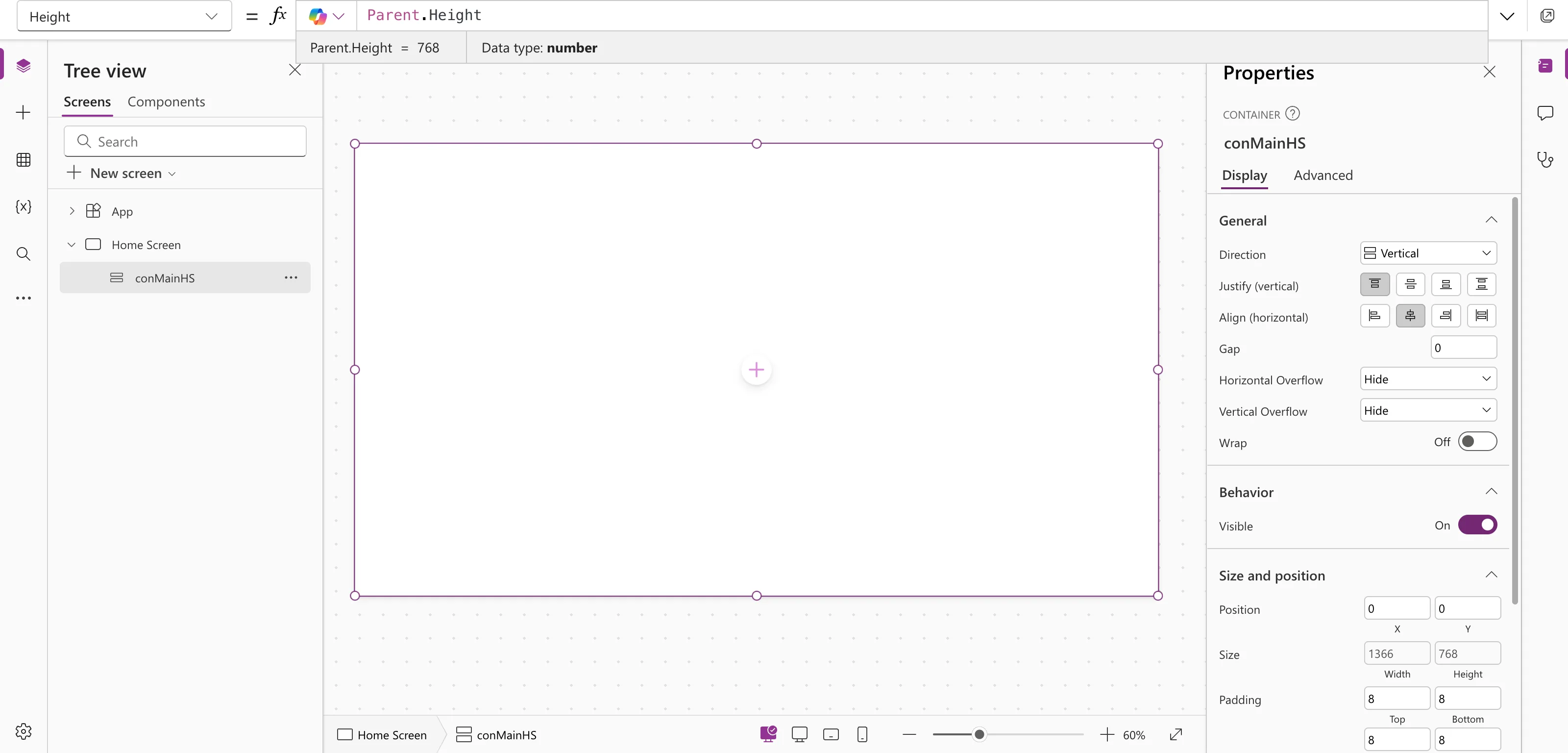 The formula bar with Height set to Parent.Height, the preview strip reading Parent.Height = 768 with Data type number, and the container filling the whole screen on the canvas, 1366 by 768 in the properties pane