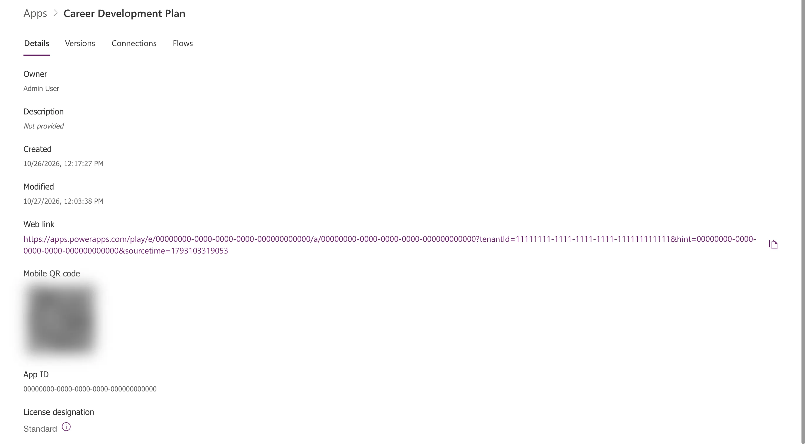 The Details tab of the Career Development Plan app: Owner, Description, Created, Modified, the Web link starting with https://apps.powerapps.com/play/e/ with a copy button, a blurred Mobile QR code, App ID and License designation Standard