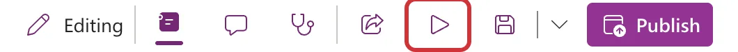 The right end of the Power Apps Studio command bar, with the Preview the app play button outlined in red between the Share and Save buttons
