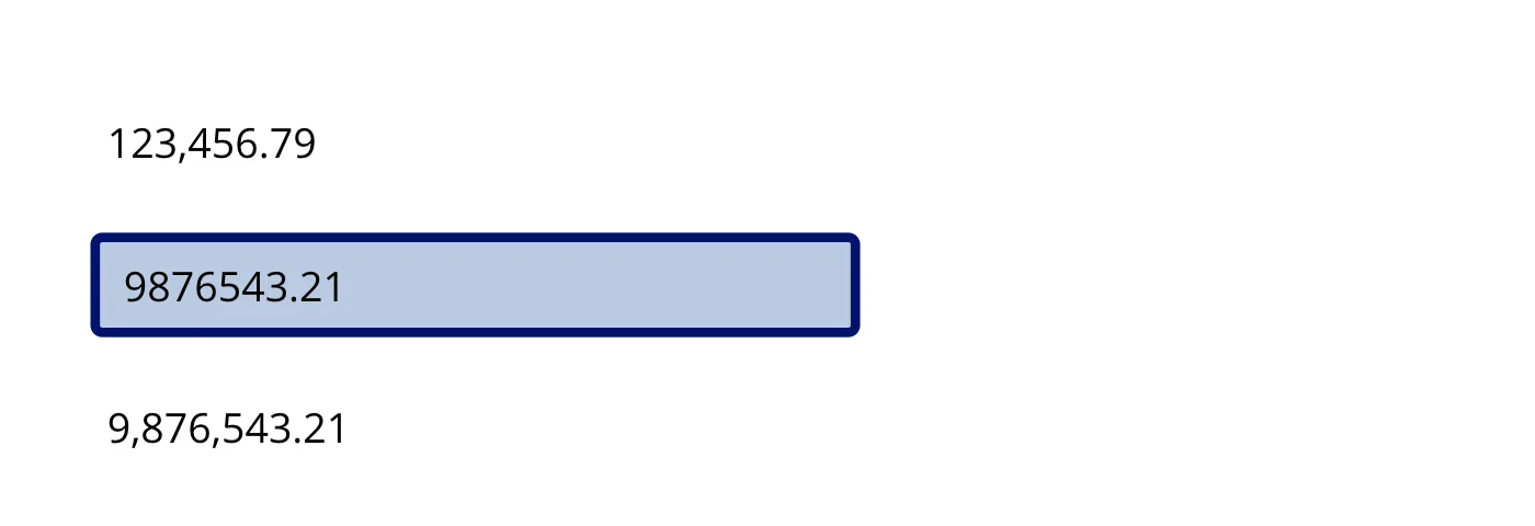 The app running in Preview: the first label shows 123,456.79, the text input contains 9876543.21, and the label beneath it shows 9,876,543.21