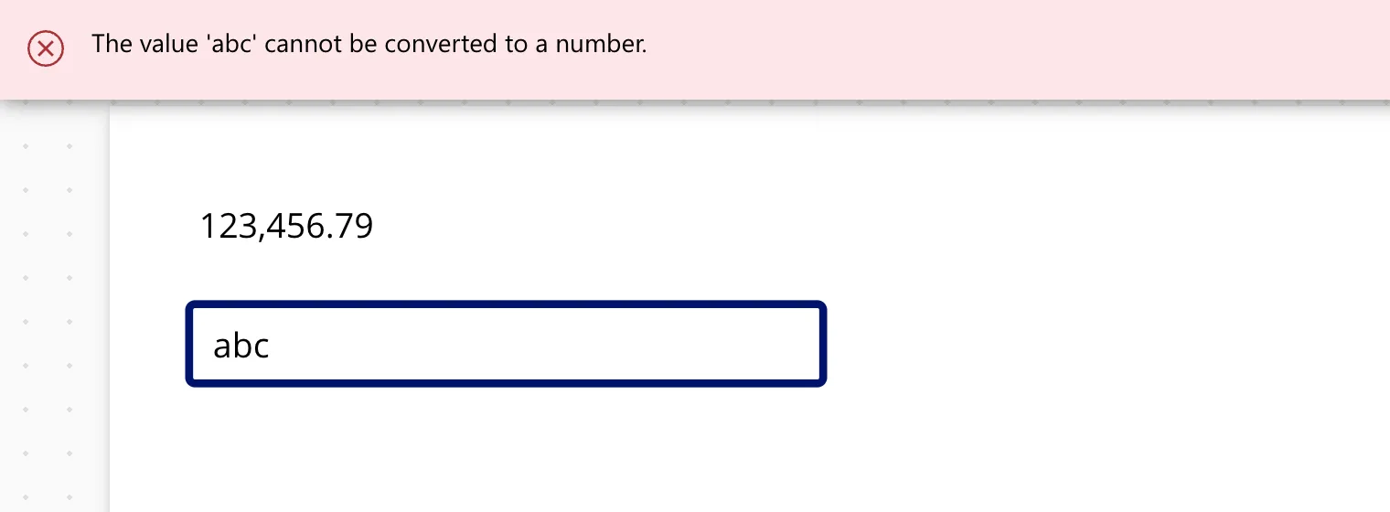 The app in Preview with abc typed into the text input, Label2 empty, and a red banner across the top reading The value 'abc' cannot be converted to a number.
