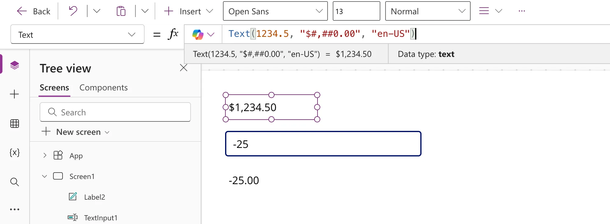 Label1 with the formula Text(1234.5, "$#,##0.00", "en-US") showing $1,234.50