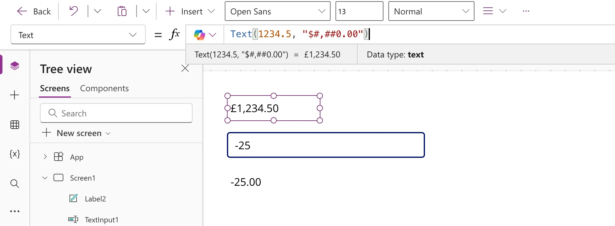 Label1 with the formula Text(1234.5, "$#,##0.00") showing £1,234.50, with the preview strip confirming the pound sign in the result