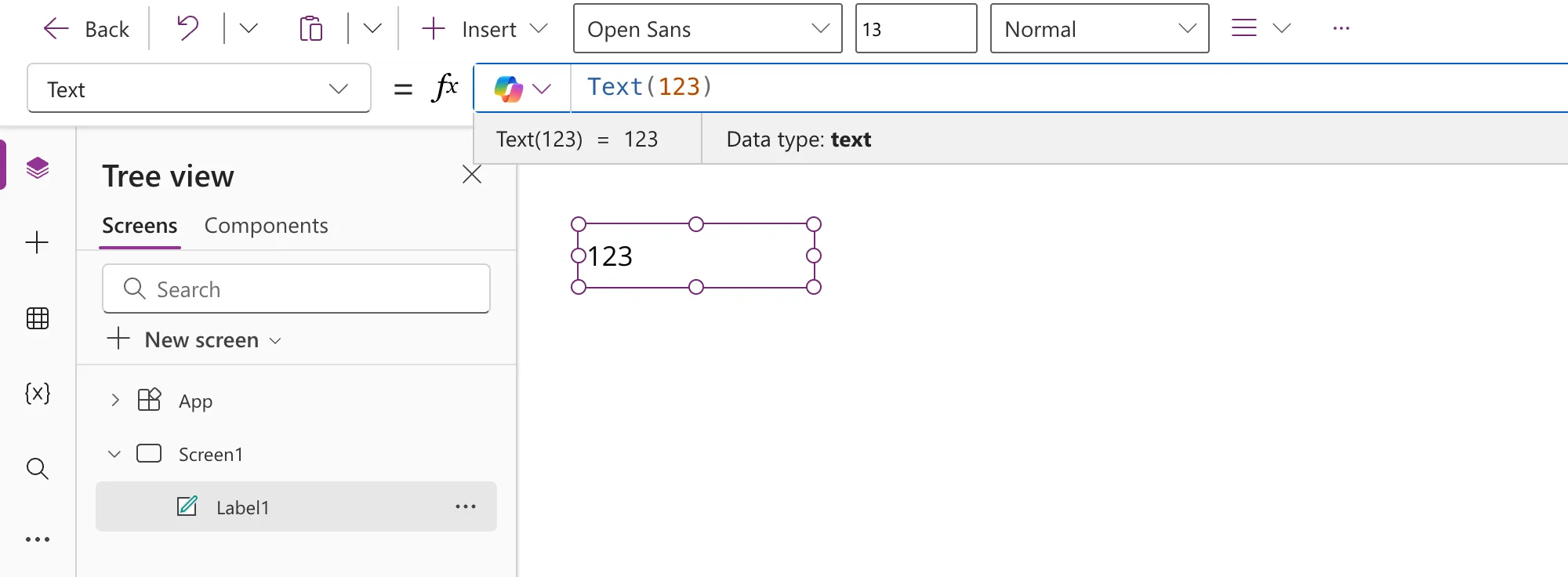 The formula bar with the formula Text(123), a preview strip reading Text(123) = 123 and Data type: text, and Label1 on the canvas still showing 123