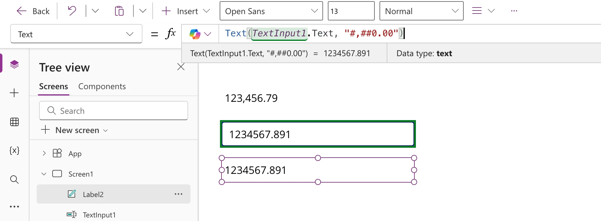 Label2 with the formula Text(TextInput1.Text, "#,##0.00") showing 1234567.891 unformatted, while the preview strip reports the same unformatted value and Data type: text