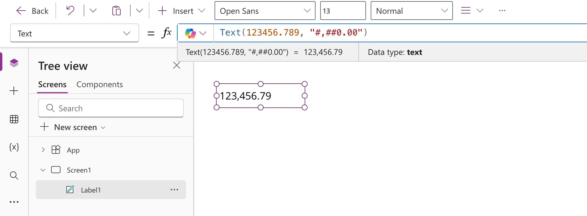 The formula bar with Text(123456.789, "#,##0.00"), the preview strip reading = 123,456.79 and Data type: text, and Label1 on the canvas showing 123,456.79