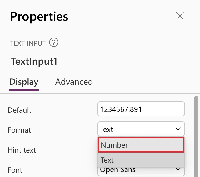 The Properties pane for TextInput1 with the Format drop-down open and the Number option outlined in red above Text