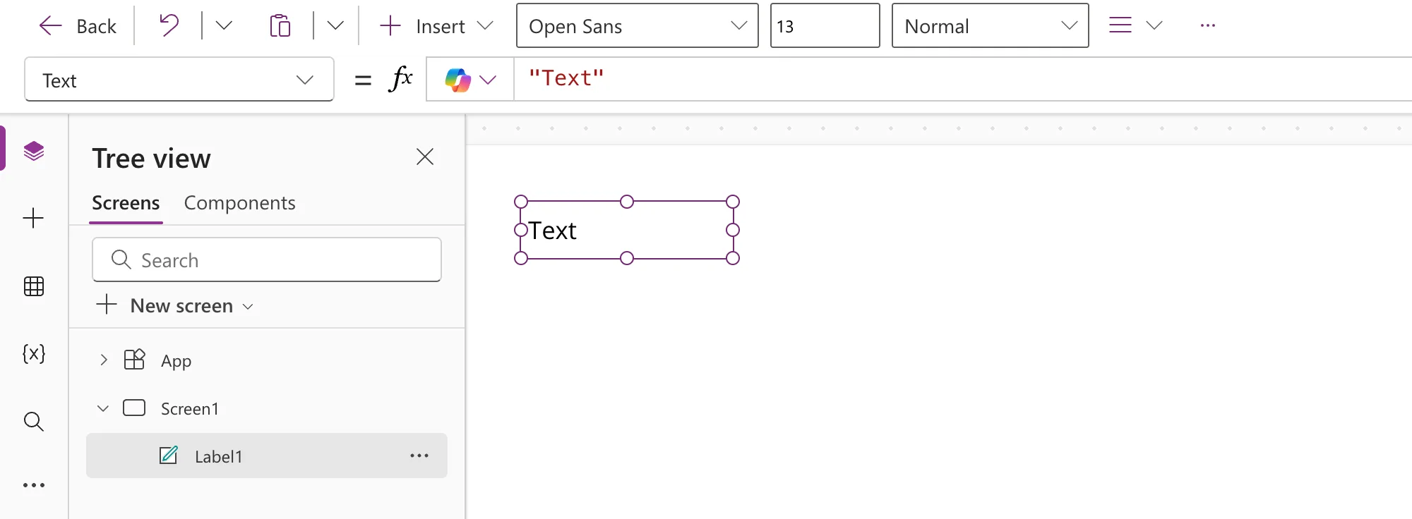 Power Apps Studio with Label1 selected on the canvas and in the Tree view, and the formula bar showing the Text property set to the value "Text" in double quotes
