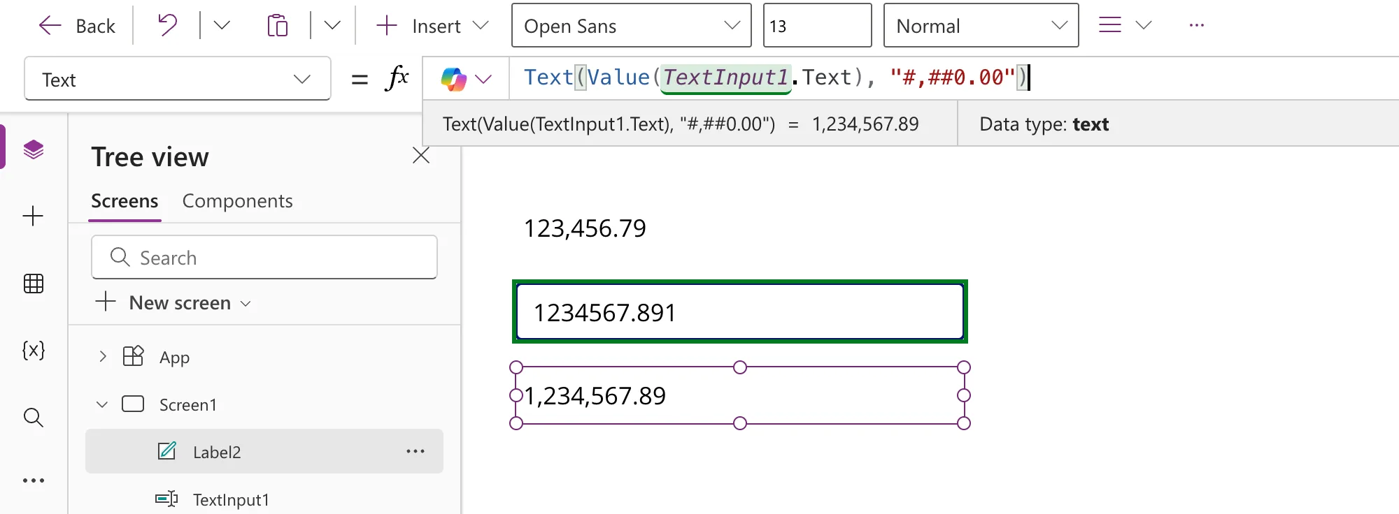 Label2 with the formula Text(Value(TextInput1.Text), "#,##0.00") showing 1,234,567.89, with the preview strip confirming the result and Data type: text