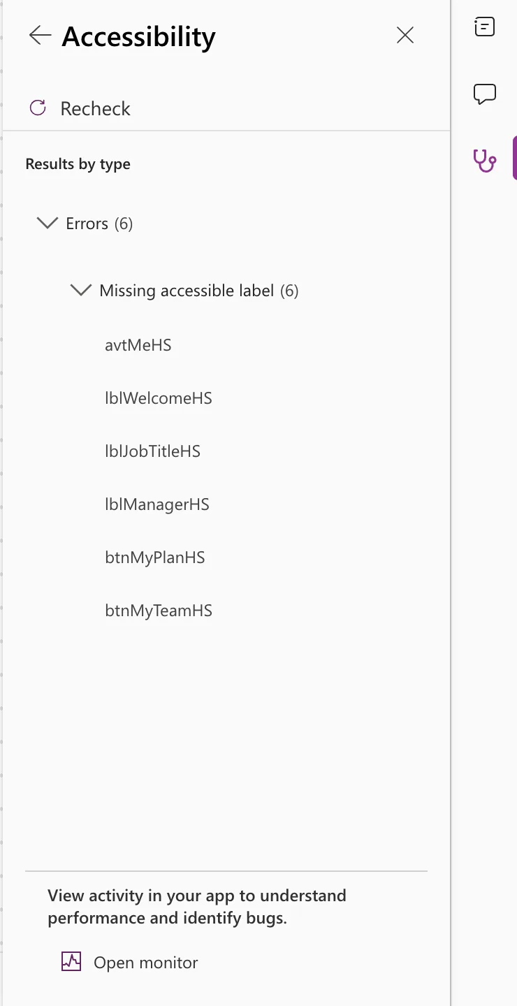 The Accessibility pane of the App checker with Errors (6), expanded to Missing accessible label (6) with avtMeHS, lblWelcomeHS, lblJobTitleHS, lblManagerHS, btnMyPlanHS and btnMyTeamHS