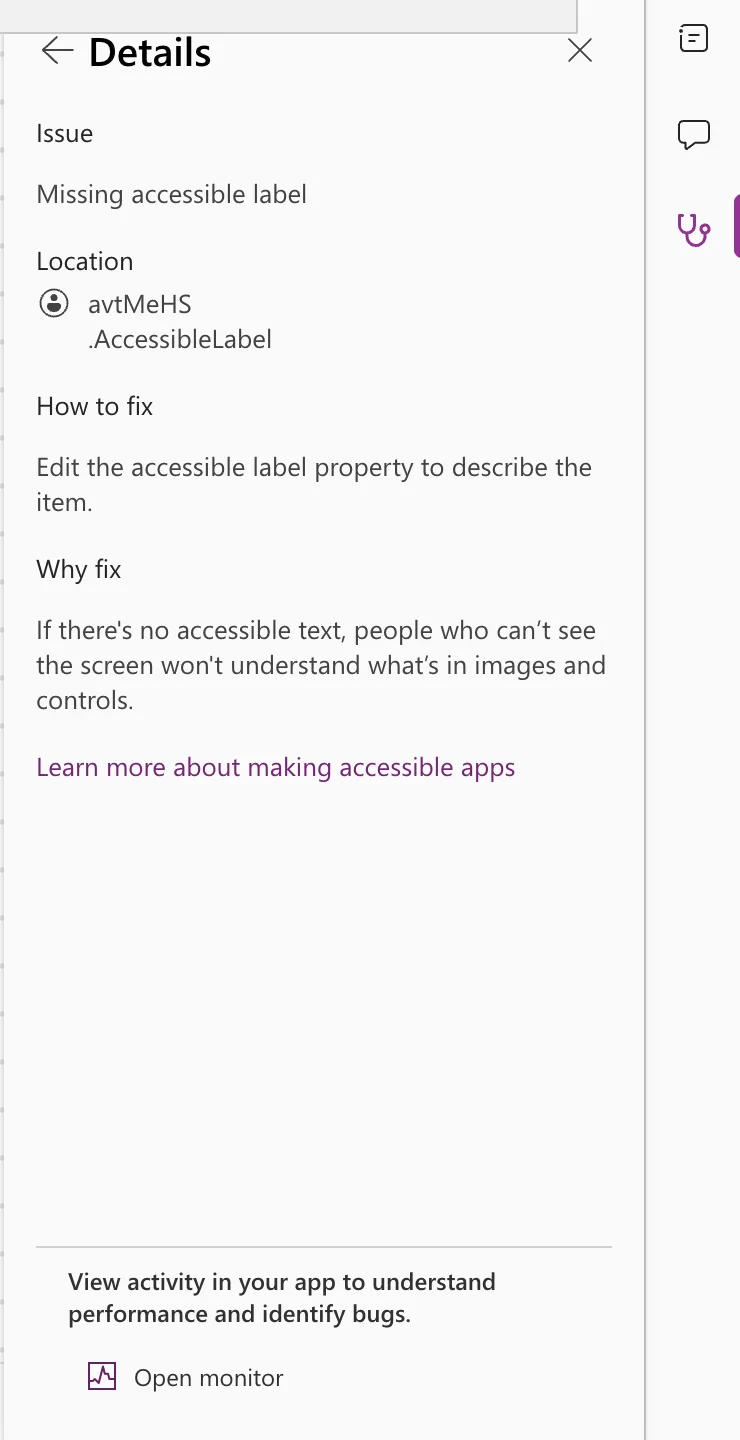The Details pane: Issue Missing accessible label, Location avtMeHS .AccessibleLabel, How to fix, Why fix, and a Learn more about making accessible apps link