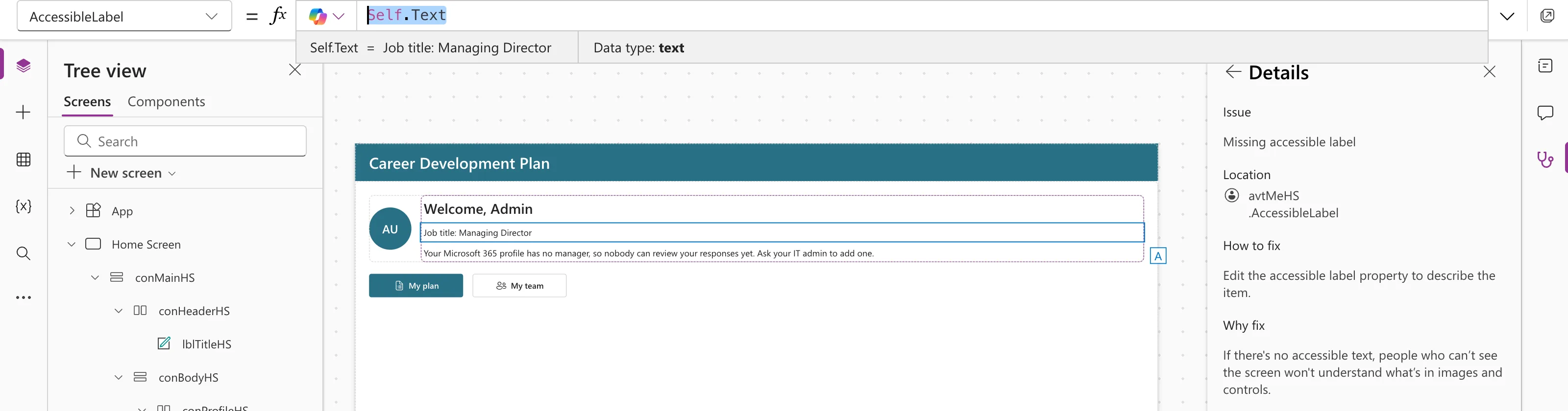 The formula bar with the AccessibleLabel property set to Self.Text and the preview strip reading Self.Text = Job title: Managing Director with Data type text; the job-title line is selected on the canvas, and the issue details are open on the right