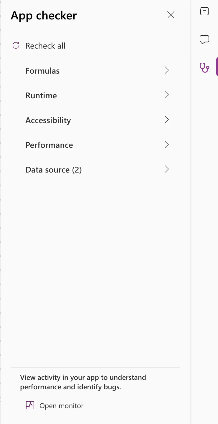 The App checker pane with Recheck all and the categories Formulas, Runtime, Accessibility, Performance and Data source (2), with no count next to Accessibility