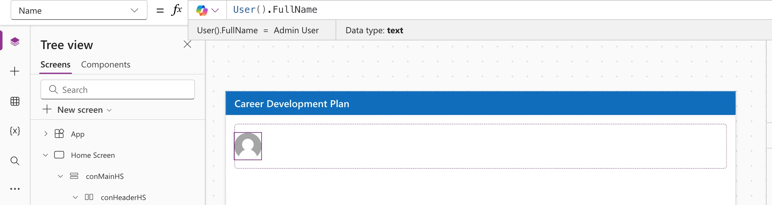 The formula bar with the Name property of the avatar set to User().FullName, the preview strip reading Admin User, and the avatar on the canvas showing a grey person silhouette