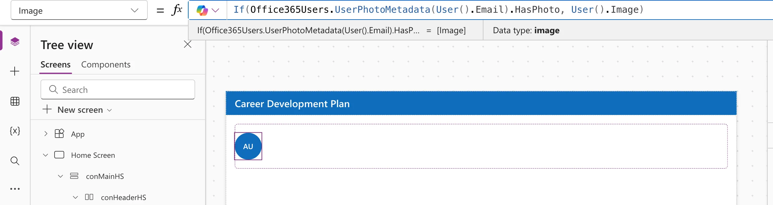 The formula bar with the avatar's Image formula using UserPhotoMetadata HasPhoto, and below the blue header the profile row with the initials AU in a blue circle
