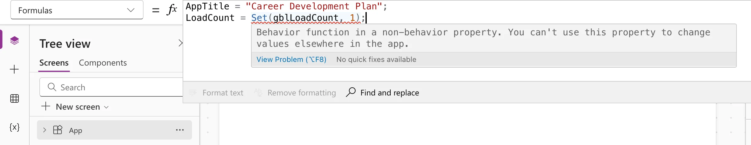 The App.Formulas formula bar with AppTitle = "Career Development Plan"; and LoadCount = Set(gblLoadCount, 1); with Set underlined in red and a tooltip reading Behavior function in a non-behavior property. You can't use this property to change values elsewhere in the app., View Problem and No quick fixes available