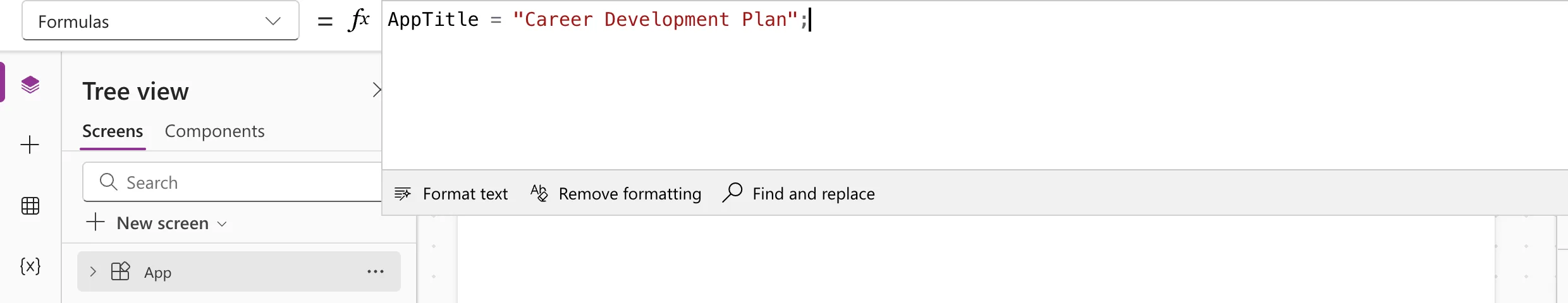 The App.Formulas formula bar with only AppTitle = "Career Development Plan"; and no error