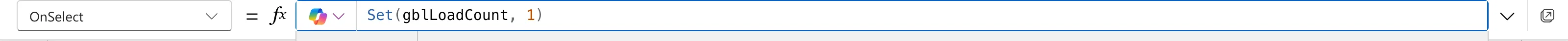 The formula bar with the OnSelect property of a button set to Set(gblLoadCount, 1), with no red underline
