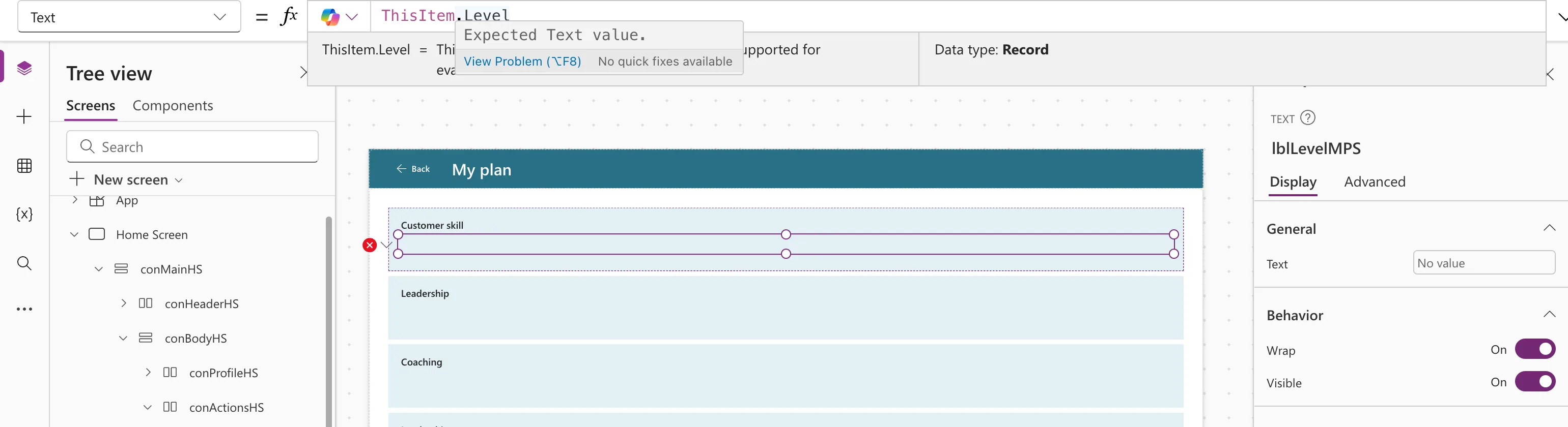 The formula bar with ThisItem.Level, a wavy underline under Level and a hover box reading Expected Text value with View Problem and No quick fixes available, the preview strip with Data type Record, and a red error icon next to the empty level label on the canvas