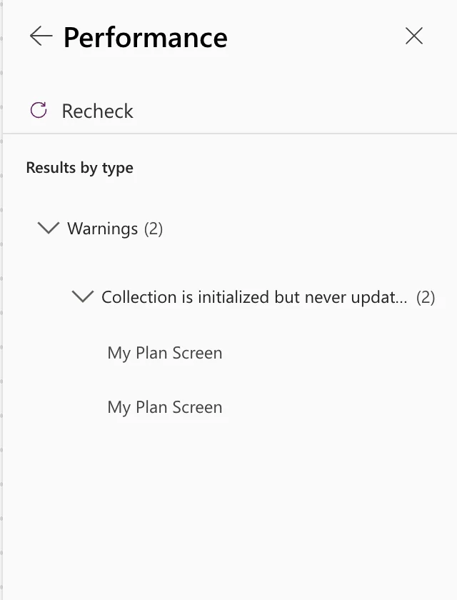 The Performance page of the App checker with Warnings (2) and Collection is initialized but never updated (2), both on My Plan Screen