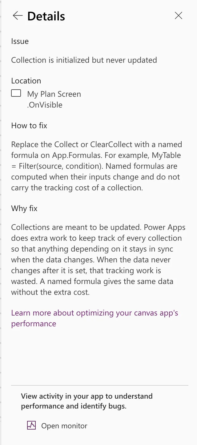The Details pane: Issue Collection is initialized but never updated, Location My Plan Screen .OnVisible, How to fix suggesting a named formula on App.Formulas, and Why fix explaining that Power Apps tracks every collection