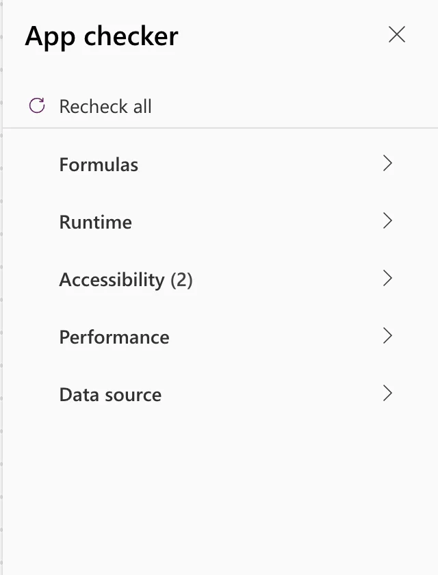 The App checker with Recheck all and the categories Formulas, Runtime, Accessibility (2), Performance and Data source, with no count next to Performance and Data source