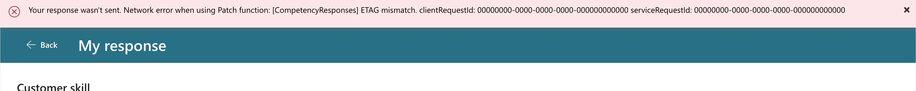 A red error banner at the top of the app reading Your response wasn't sent. Network error when using Patch function: [CompetencyResponses] ETAG mismatch. clientRequestId and serviceRequestId values, above the My response screen with the edited text and an Update response button
