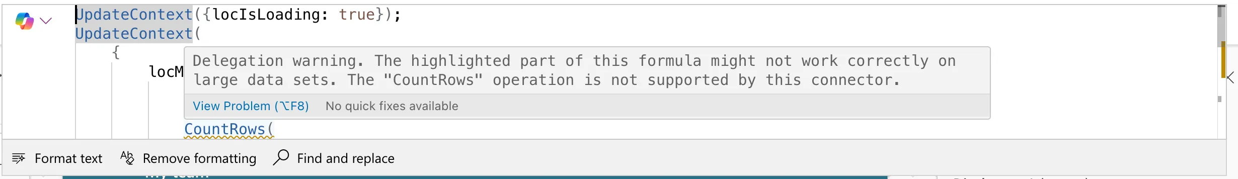The expanded formula bar with a yellow wavy line under CountRows( and a hover box reading Delegation warning. The highlighted part of this formula might not work correctly on large data sets. The "CountRows" operation is not supported by this connector.