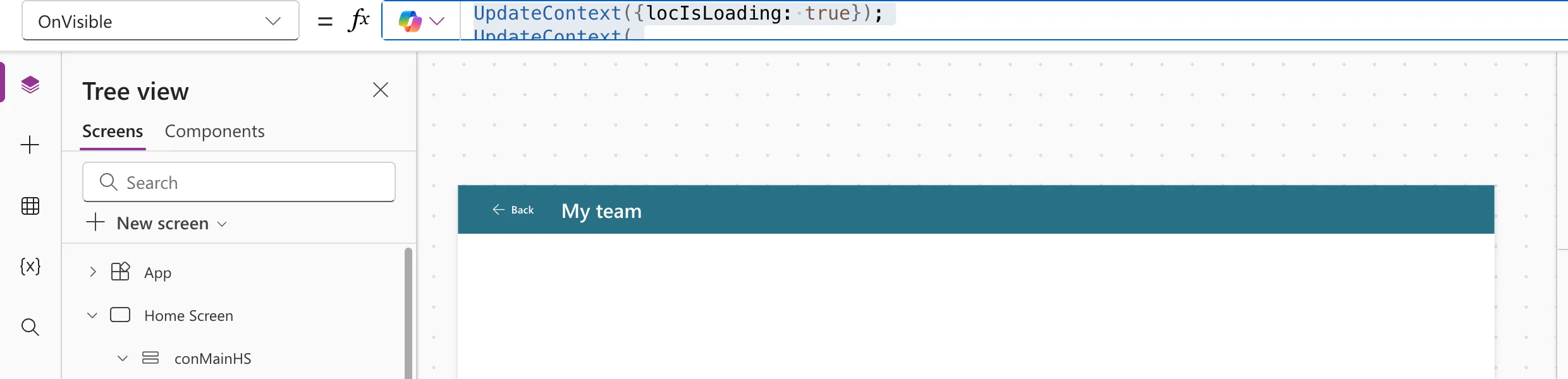 The formula bar with the new OnVisible formula and no underline, and the My team screen on the canvas without a warning triangle