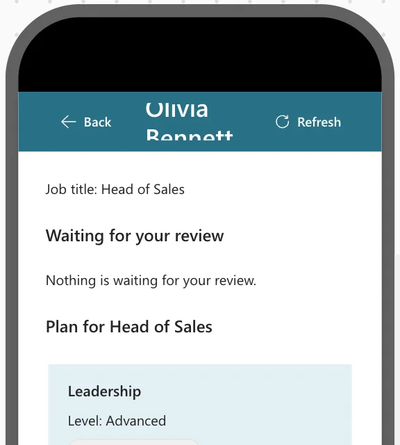 A phone preview of the Team Member screen with Back, the title Olivia Bennett wrapped and clipped, and Refresh