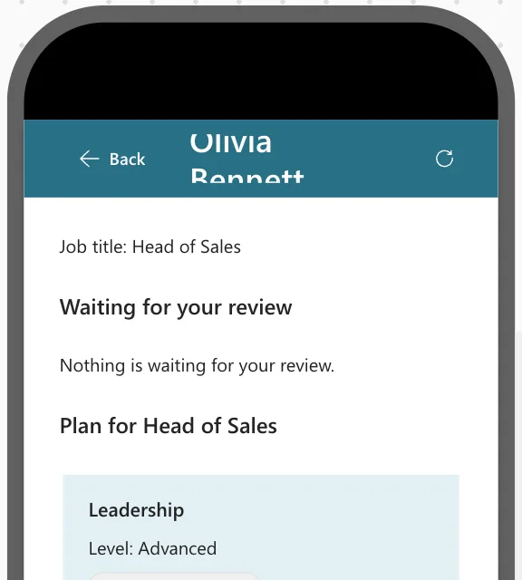 The same phone preview with Refresh shown as an icon only, but the title Olivia Bennett still wrapped and clipped next to the Back button