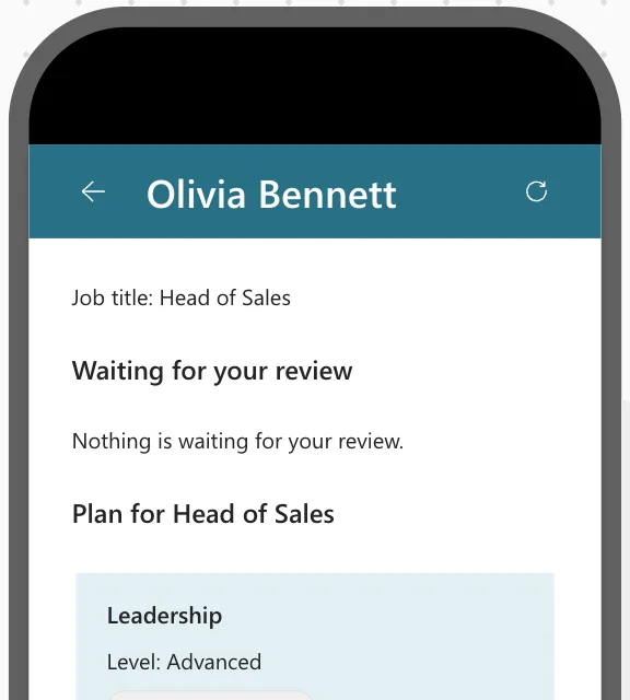The same phone preview after the fix: a back arrow, the title Olivia Bennett on one line and a refresh icon