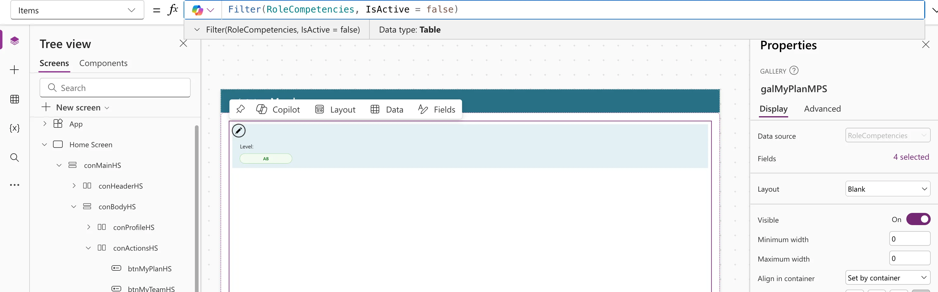 The formula bar with Filter(RoleCompetencies, IsActive = false), the preview strip with Data type Table, and the gallery with no warning triangle