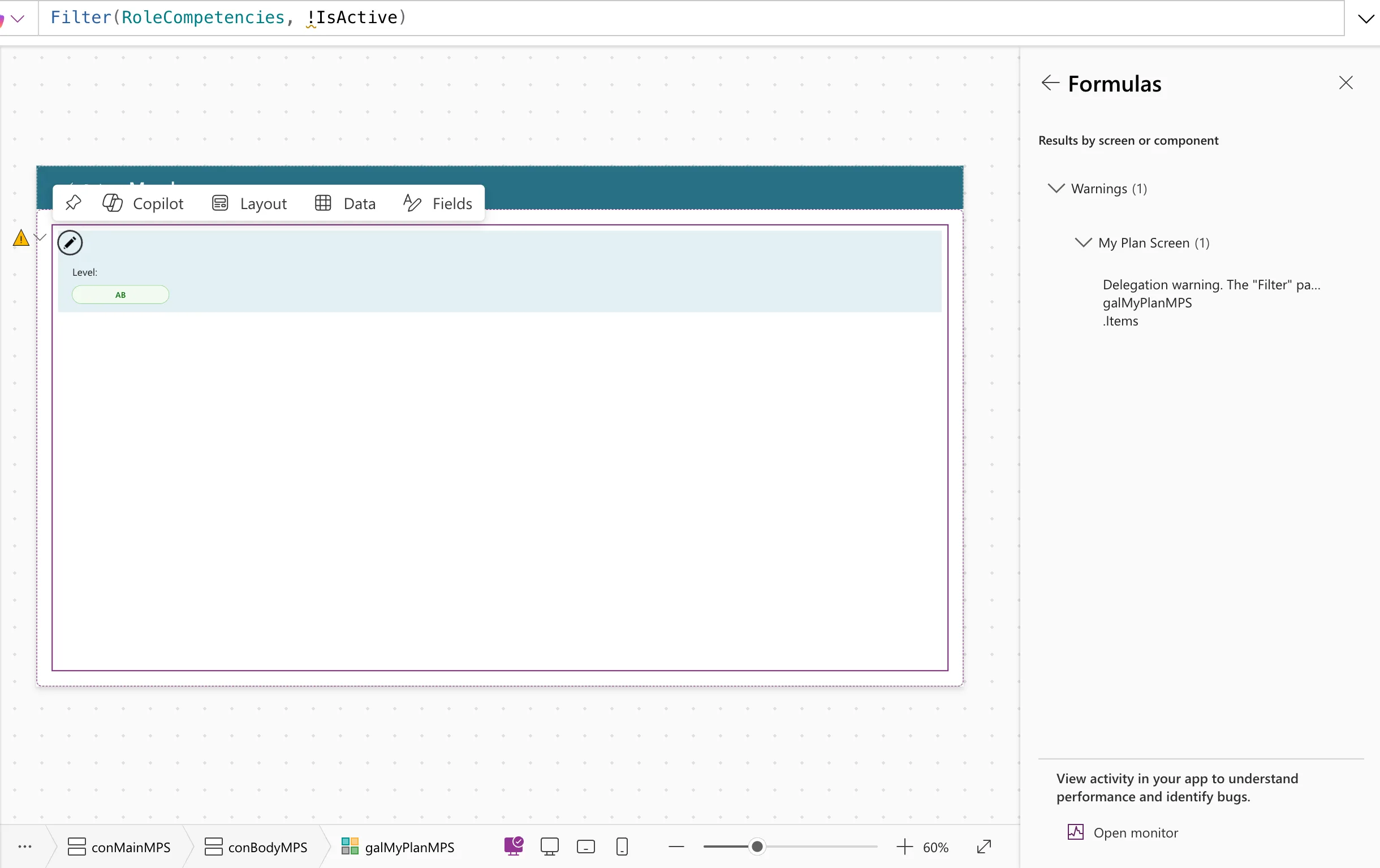 The App checker's Formulas page with Warnings (1), My Plan Screen (1) and the delegation warning on galMyPlanMPS .Items