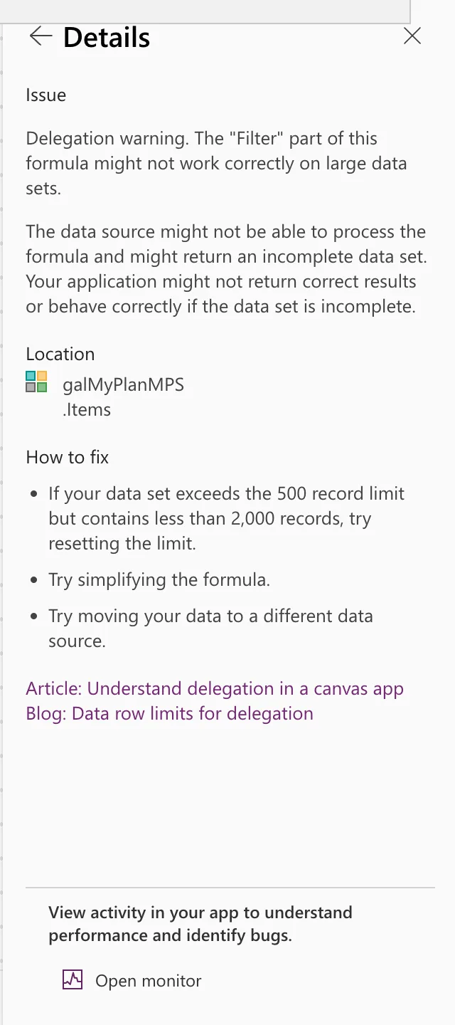 The App checker's Details pane: Issue Delegation warning. The Filter part of this formula might not work correctly on large data sets, an explanation that the data source might return an incomplete data set, Location galMyPlanMPS .Items, and How to fix with three suggestions