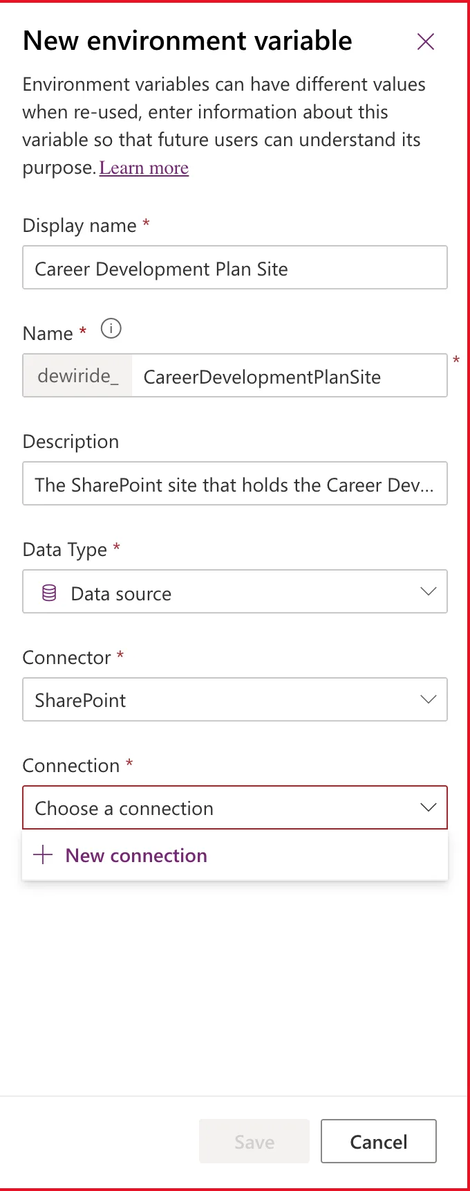 The New environment variable panel with Display name Career Development Plan Site and a description filled in, Data source and SharePoint chosen, and the Connection dropdown open showing + New connection