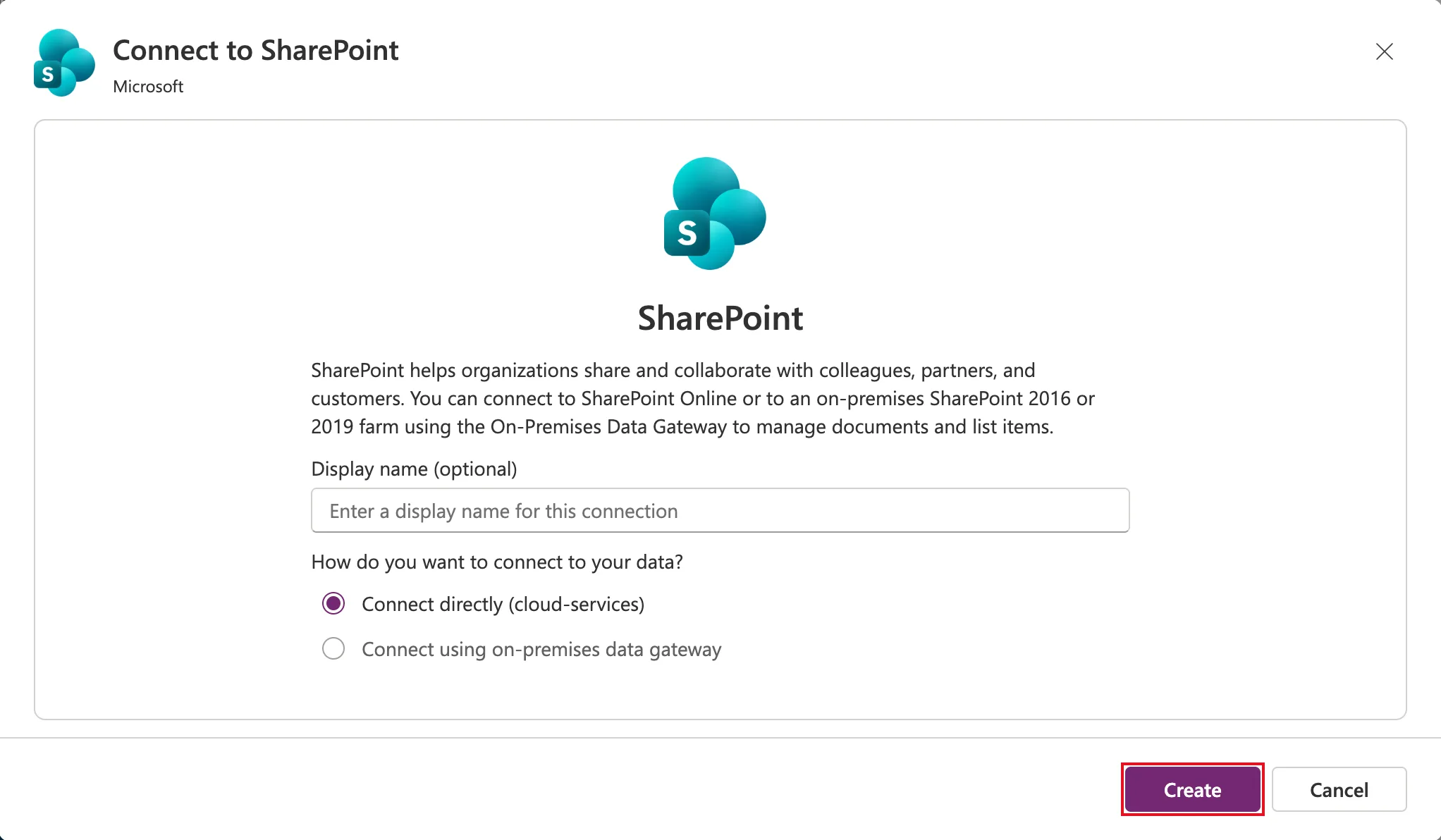 The Connect to SharePoint dialog with an optional Display name, Connect directly (cloud-services) selected, and Create outlined in red