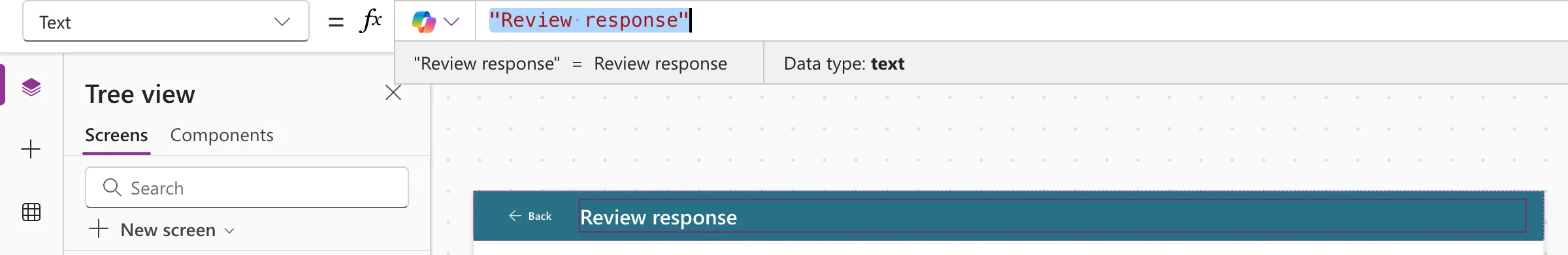 The formula bar with "Review response" and the preview strip "Review response" = Review response, Data type: text, and the pasted header on the canvas showing Back and Review response