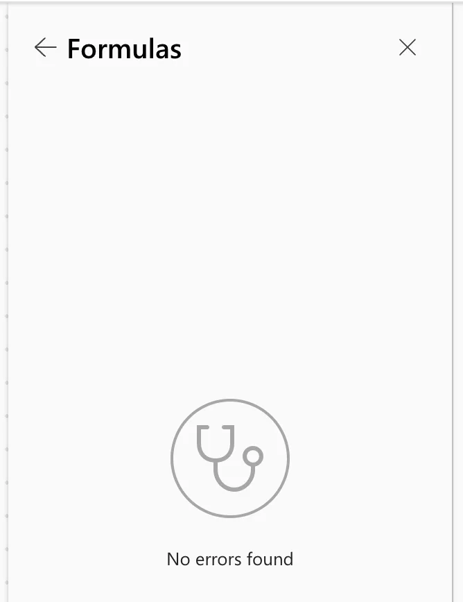 The App checker's Formulas pane reading No errors found