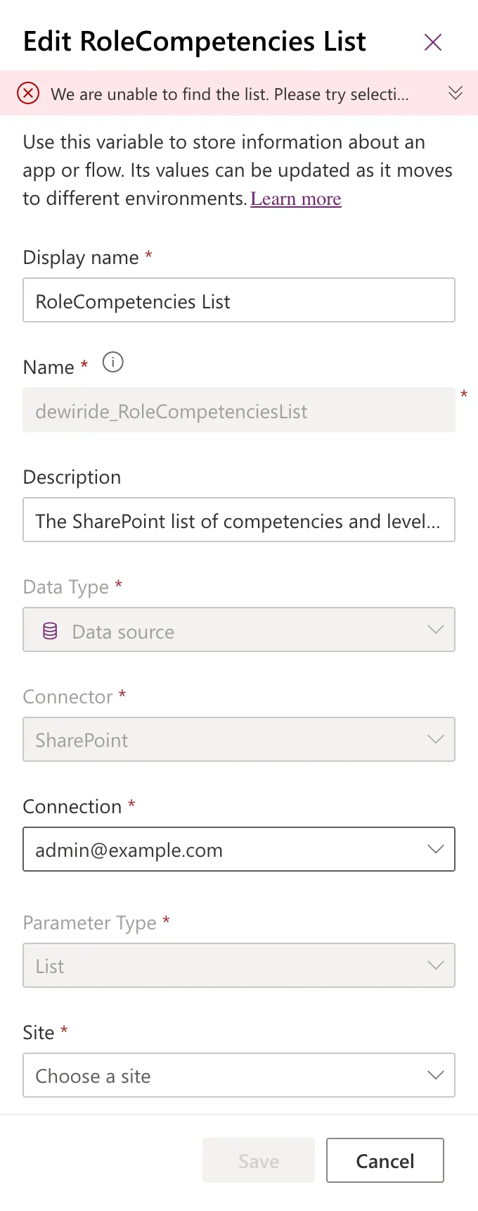 The Edit RoleCompetencies List panel with a red banner beginning We are unable to find the list. Please try selecti..., the Display name, a greyed Name dewiride_RoleCompetenciesList, Data source, SharePoint, the connection, Parameter Type List, Site showing Choose a site, and Save disabled