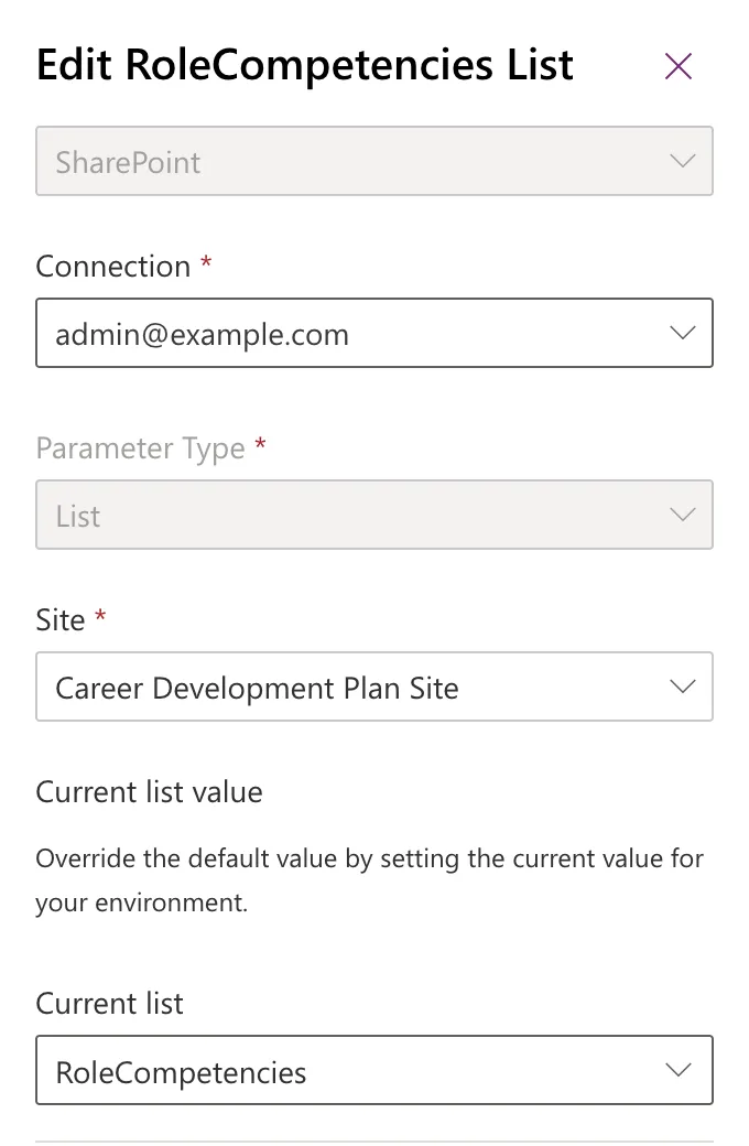 The Edit RoleCompetencies List panel with Site set to Career Development Plan Site and Current list set to RoleCompetencies, with no error banner