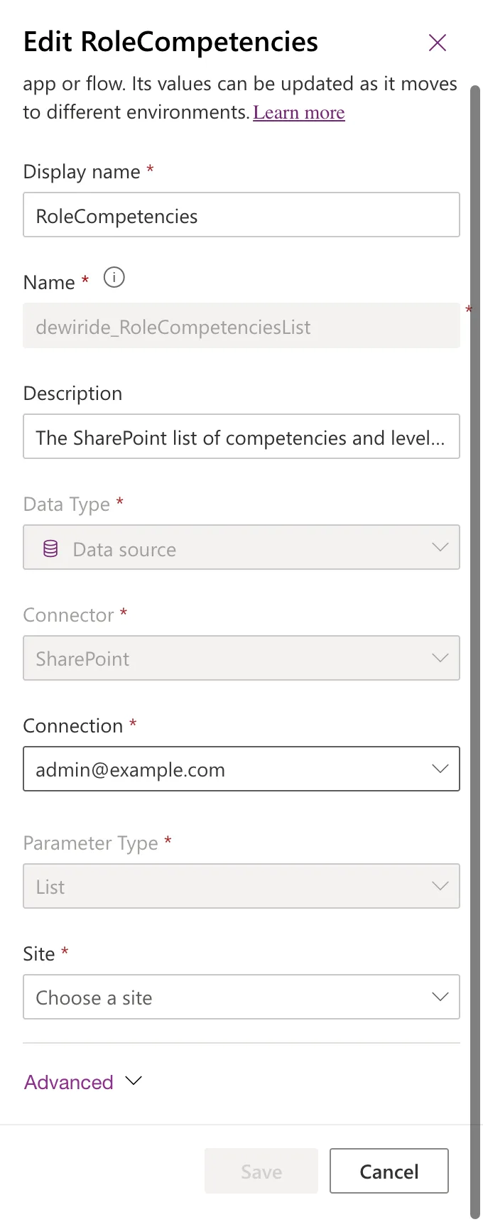 The Edit RoleCompetencies panel after a page reload, with the display name RoleCompetencies saved, and Site back to Choose a site with Save disabled